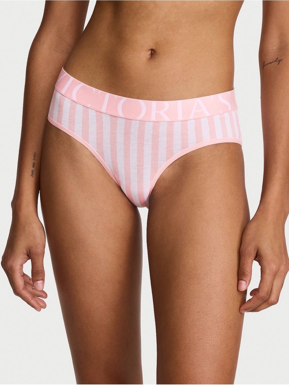 New Victoria's Secret exploded Logo Hiphugger panty medium pink and white stripe